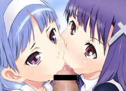 2girls bangs blue_hair blunt_bangs blush censored cheek-to-cheek clothing collaborative_fellatio cross cum cum_in_mouth fellatio hair_ornament hairband kannagi ko-yan long_hair male_focus multiple_fellatio multiple_girls nagi nun oral penis pink_eyes pointless_censoring pov purple_eyes purple_hair teamwork threesome zange zzz