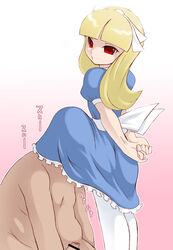 1boy 1girls alice_(megami_tensei) alice_in_wonderland alice_liddell_(cosplay) arms_behind_back blonde_hair censored clothing dark_skin dress duo female femdom foreskin hands_behind_back human long_hair male megami_tensei noise_(artist) pale_skin pantyhose penis persona public_domain red_eyes shin_megami_tensei ugly_bastard white_legwear white_pantyhose young