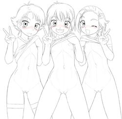 3girls blush bottomless clothing delica female female_only flat_chest futari_wa_precure futari_wa_precure_splash_star futari_wa_pretty_cure highres hyuuga_saki image misumi_nagisa monochrome natsuki_rin nipples no_bra no_panties precure pretty_cure pussy shirt shirt_lift stockings thighhighs uncensored v yes!_precure_5 yes!_pretty_cure_5