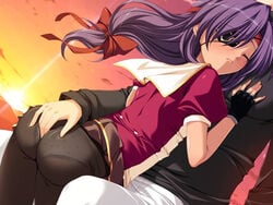 ass_grab bangs blush bow closed_eyes cloud clouds evening eye_patch glove gloves headband long_hair marionette_zero panties panties_under_pantyhose pantyhose print_panties purple_hair school_uniform see-through skirt sky striped sun sunset underwear