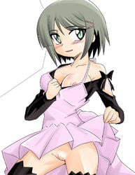 blush bottomless bow censored dress embarrassed green_eyes hair_ornament hairclip hayate_no_gotoku! ikebata_homura nipple_slip nipples no_panties pussy short_hair silver_hair thighhighs