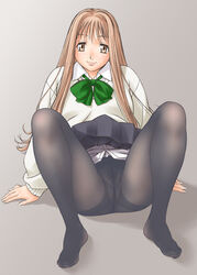 blonde_hair bow brown_eyes brown_hair copyright_request feet highres long_hair no_panties orange_brand pantyhose pubic_hair pussy sailor_uniform school_uniform see-through sitting skirt smile spread_legs sweater yellow_eyes