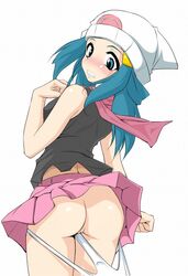 1girls ass beanie blue_eyes blue_hair blush bottomless dawn_(pokemon) endou_masatoshi exposed_pussy female female_only hat human human_only microskirt nintendo panties panty_pull pokemon pokemon_dppt pussy scarf simple_background skirt solo source_request surprised uncensored underwear upskirt wedgie white_background