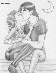 ben_10 ben_10_alien_force breast_grab cartoon_network female gwen_tennyson human kevin_levin kissing male male_focus monochrome outdoors prophet straight straight_hair tagme toonami wholesome