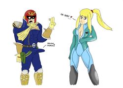 1boy 1girls artist_request blonde_hair bodysuit boner captain_falcon f-zero female metroid nintendo samus_aran super_smash_bros. super_smash_bros._brawl undressing zero_suit zero_suit_samus