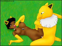 anthro breasts brown_eyes brown_skin color cum dark-skinned_female dark_skin day female glasses human hypno hypno_(cosplay) insertion interspecies male nintendo nude outdoors penis pokemon pokemon_(cosplay) pokemon_(species) pokephilia raised_leg rosvo sex straight tagme vulva