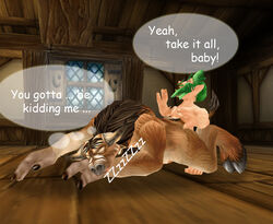 3d 3d_(artwork) brown_fur english_text furry gnome green_hair hooves horns interspecies male male_only size_difference tauren widow wooden_floor world_of_warcraft