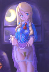 blue_eyes claire dark_chronicle dark_cloud_2 dress female moon night panties presenting pubic_hair smile star tagme