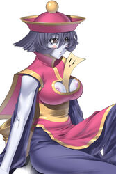 between_breasts blue_hair blue_skin blush breasts capcom clothing darkstalkers geung_si hat hsien_ko jiangshi kansuke lei-lei lei_lei medium_breasts nipple_slip nipples object_between_breasts short_hair straight_hair