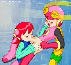 blowjob blush boots closed_eyes fellatio futa_on_female futanari headgear intersex irregular_fetishes mayl_sakurai mega_man mega_man_battle_network mega_man_nt_warrior oral penis rockman rockman_exe roll.exe sakurai_meiru