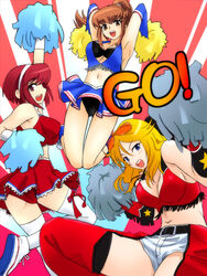 3girls agent_starr amemiya_sayaka ass blonde_hair blue_eyes breasts brown_eyes brown_hair chaps cheerleader cleavage crossover elbow_gloves elite_beat_agents elite_beat_divas eyewear_on_head gloves hairband large_breasts michael_f91 midriff multiple_girls osu!_tatakae!_ouendan panties pom_poms ponytail red_eyes red_hair rin_shirosaki sayaka_amemiya shirosaki_rin skirt smile sunglasses sunglasses_on_head thighhighs tied_hair underwear upskirt zettai_ryouiki