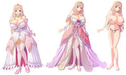 10s 1girl \r\n alternate_costume bangs barefoot blonde_hair blush bow bow_panties breasts bridal_gauntlets bursting_breasts character_sheet clenched_hand corset cross-laced_clothes detached_sleeves dress feet female_focus flower formal frilled_dress frills full_body gem gown grey_eyes groin hand_on_own_chest high_heels huge_breasts human_only jewelry kyonyuu_fantasy kyonyuu_fantasy_gaiden lace lace-trimmed_dress lace-trimmed_panties lace_trim light_smile lingerie long_hair long_legs looking_at_viewer luceria_von_diamante narrow_waist navel necklace nipples no_bra official_art panties panties_only parted_bangs princess q-gaku rose shoes simple_background skindentation smile solo standing thigh_gap thighhighs tiara topless underwear underwear_only very_long_hair white_background white_panties white_thighhighs