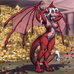 anthro belly breasts claws coin dragon female hair hoard horn lord_magicpants nipples nude rose_petals scales scalie solo spines wings