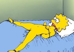 arms_behind_back bed bondage bound_ankles bound_arms bound_to_bed breast_bondage breasts cleave_gag cum female female_only gag gagged helpless human lisa_simpson nipples pillow restrained rope rope_bondage solo spread_legs the_simpsons what wolverine_(artist) yellow_body