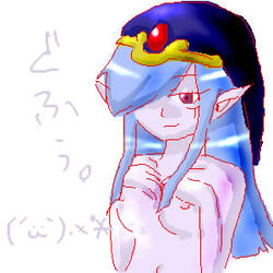 artist_request blue_hair elf_ears female hair_over_one_eye hands_over_breasts hat japanese_text long_blue_hair long_hair looking_at_viewer minish_cap nintendo purple_eyes rule_63 text the_legend_of_zelda the_legend_of_zelda:_the_minish_cap translation_request vaati