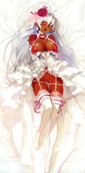 :< absurdres antenna_hair blush breasts bridal_veil bride bride_gown busty choker cleavage dakimakura dark-skinned_female dark_skin dress dress_lift elbow_gloves female flower full_body ganguro garter_belt garter_straps garters gloves hair_between_eyes hair_flower hair_ornament highres lace_panties large_breasts long_hair looking_at_viewer lying namaniku_atk on_bed panties pointy_ears rose rose_in_hair sansei_muramasa silver_hair solo soukou_akki_muramasa thigh_gap thighhighs underwear veil very_long_hair voluptuous wedding_dress white_dress white_gloves white_hair white_legwear white_panties