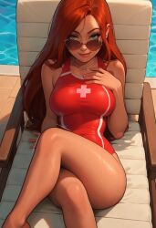 ai_generated gravity_falls large_breasts lifeguard lovegwendolyn one-piece_swimsuit pool poolside red_hair sadtomato seductive_look solo sunglasses wendy_corduroy