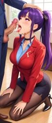 ai_generated avgustbooro bangs blush choker cum cum_in_mouth cum_on_clothes cum_on_face erection hand_on_head heels jacket kneeling long_hair office open_mouth original_character partial_male penis purple_eyes purple_hair ribbon_in_hair shirt skirt tights