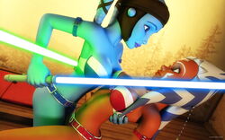 2015 2girls 3d aayla_secura ahsoka_tano alien alien_girl artist_name bald bare_shoulders belt big_breasts bikini bikini_bottom bikini_top blue_eyes blue_lightsaber blue_skin busty cleavage clone_wars curvy detailed_background duo eyelashes female female_only freckles front_view green_eyes green_lightsaber headgear holding_object hourglass_figure humanoid indoors inside jedi jedi_master jedi_padawan kondaspeter lightsaber looking_down looking_up mammal midriff multiple_females multiple_girls orange_skin pillow pose posing purple_lips room shadow shiny shiny_skin standing star_wars swimsuit thong togruta twi'lek voluptuous weapon wide_hips yellow_eyes