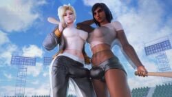 2futas 3d 3d_(artwork) baseball_bat big_breasts breasts bulge bulge_through_clothing dark-skinned_futanari dark_skin fishnets futa_only futanari light-skinned_futanari light_skin mercy moonroomoom nipples nipples_visible_through_clothing overwatch pharah