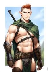 1boy 2024 abs ai_generated armor avaru elf human looking_at_viewer male muscular muscular_male navel nipples red_hair smirk solo