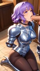 ai_generated armor avgustbooro bangs blowjob blush choker cum cum_on_clothes cum_on_face erection heels kneeling lilac_hair open_mouth original_character partial_male penis purple_eyes saliva short_hair sucking_penis tights wavy_hair