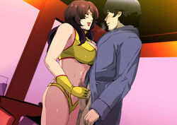 1girls 2018 bare_legs bare_shoulders black_eyes black_hair blush breast_press breasts breath brown_hair cat's_eye censored cleavage cosplay curvaceous dirty_pair erection female gloves groin gureko_rouman hair_over_shoulder half-closed_eyes handjob highres human indoors large_breasts legs light-skinned_female light_skin lips lipstick long_hair looking_at_another makeup mature mole mole_under_mouth mosaic_censoring navel open_mouth penis red_lips rui_kisugi shounen_jump standing thighs wide_hips yellow_clothes yellow_gloves yuri_(dirty_pair)_(cosplay)