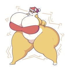 anthro big_ass big_breasts brown_fur chubby cleavage clothing dewbber domestic_dog fat female furry huge_ass huge_breasts hyper_ass hyper_breasts hyper_thighs navel overweight thick_thighs white_fur