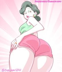 1girls 2024 asian_female ass bedroom_eyes big_ass big_butt black_hair butt chickpea digital_drawing_(artwork) earrings eyeshadow female female_only huge_ass huge_butt looking_back looking_down looking_over_shoulder milf ming_lee mole mole_under_eye pink_background sfw short_shorts simple_background smile turning_red wedding_ring