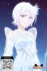 ai_generated bleach detached_sleeves dress female female hair_between_eyes hair_ornament kuchiki_rukia littlehentai looking_at_viewer night_sky purple_eyes savitar savitar_(artist) short_hair sky smile snowflake_hair_ornament solo star_(sky) starry_sky white_dress white_hair