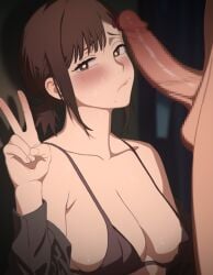 1boy bikini black_bikini blush breasts brown_eyes brown_hair censored chainsaw_man closed_mouth erection female hand_up higashiyama_kobeni indoors looking_at_viewer mole mole_under_eye mole_under_mouth mosaic_censoring multiple_moles penis prostitution r_cutiee small_breasts solo_focus swimsuit testicles v