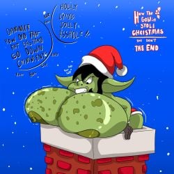 big_breasts big_breasts big_nipples borka_(cartoonfan402) cartoonfan402 chimney christmas christmas_outfit freckles freckles_on_breast freckles_on_breasts freckles_on_chest goblin goblin_ears goblin_female green_body green_skin original_character santa_costume santa_hat shortstack stuck stuck_in_chimney