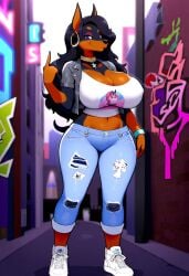 ai_generated blue_eyes choker cleavage collar curvy doberman female_focus furry_female furry_only hair_over_eyes hourglass_figure jacket jeans large_breasts leather_jacket long_hair majorfluffy mature_female midriff novel_ai novelai safe shoes solo solo_female solo_focus tanktop tight_jeans wavy_hair