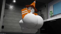 1girls 2nej 3d ass_bigger_than_head ass_focus bare_ass bathroom big_ass big_butt bubble_butt cone cone_hat female_only glasses_on_face looking_at_viewer orange_glasses orange_shirt roblox robloxian round_ass thick_ass thick_butt thick_thighs white_body white_hair white_skin