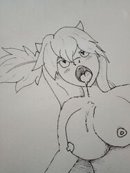 1girls anthro big_breasts breasts cum_in_mouth dripping_cum drooling female female_only furry heart-shaped_pupils horns looking_up lumpy nipples open_mouth original_character saliva_drip solo tail tongue tongue_out