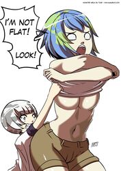 1girls ambiguous_gender angry big_breasts blue_hair booty_shorts breasts clothed clothing covering_nipples earth-chan green_hair humanoid kukuruyo lifting_clothing moon-chan not_flat shirt shirt_lift shirt_up shorts source_request text url watermark