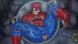 1boy after_anal after_rape bodysuit covered_in_cum cum_in_mouth erection_under_clothes gagged gay knocked_out male_only marvel masked muscles peter_parker spider-man tied_up torn_bodysuit trash_can