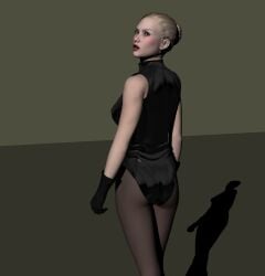 3d back_view black_gloves black_leotard blonde_hair gloves hair_bun latex_leotard leotard original torqual3d