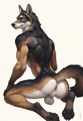 1boy 2024 ai_generated anthro ass avaru black_fur black_nose brown_fur butt_crack canid canine canis fur humanoid looking_at_viewer male male_focus male_only mammal muscular muscular_male nude on_knees pawpads paws presenting presenting_anus presenting_ass presenting_hindquarters seductive simple_background solo tagme testicles white_fur wolf