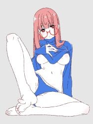 blue_shirt blue_shorts blush_stickers eyewear feet glasses long_sleeves mole mole_under_mouth nipples pink_hair red_eyes red_eyewear round_eyewear shorts soles t-shirt toes white_pupils