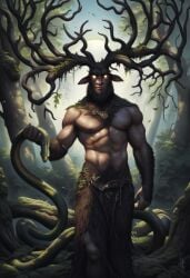 1boy 2024 ai_generated anthro antlers avaru brown_body brown_fur cernunnos cervine cervine_antlers cervine_humanoid deity elk forest fur god humanoid male male_only mammal muscular muscular_male nipples snake solo