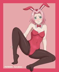 1girls ass breasts bunny_costume bunny_ears bunnygirl bunnysuit cleavage clothed feet female female_only green_eyes human looking_at_viewer naruto naruto_shippuden pink_hair sakura_haruno setrakian short_hair sitting solo spread_legs text toes watermark