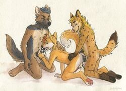 2017 3boys anal anal_sex anthro balls black_fur black_pawpads blonde_hair blue_hair brown_fur canine closed_eyes cum cum_in_mouth cum_inside fur gay group group_sex hair husky hyena knot male male_only mammal orange_fur orange_hair pawpads penetration penis sex sicklyhypnos spots threesome urine urine_in_ass watersports yaoi