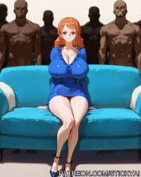 ai_generated breasts brown_eyes imminent_sex nami nami_(one_piece) netorare nsfw one_piece orange_hair orgy piper_perri_surrounded stickyai