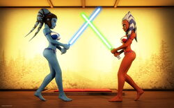 2015 2girls 3d aayla_secura ahsoka_tano alien alien_girl artist_name bald bare_shoulders barefoot belt big_breasts bikini bikini_bottom bikini_top blue_eyes blue_lightsaber blue_skin busty cleavage clone_wars curvy detailed_background duo eyelashes female female_only freckles front_view green_eyes green_lightsaber headgear holding_object hourglass_figure humanoid indoors inside jedi jedi_master jedi_padawan kondaspeter lightsaber mammal midriff multiple_females multiple_girls orange_skin pillow pose posing purple_lips room shadow shiny shiny_skin side_view standing star_wars swimsuit thong togruta twi'lek voluptuous weapon wide_hips yellow_eyes