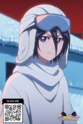 1boy ai_generated bangs black_hair bleach closed_mouth clothing female goggles goggles_on_head goggles_on_headwear hair_between_eyes hat headwear hood kuchiki_rukia kuchiki_rukia littlehentai looking_at_viewer male male_focus purple_eyes savitar savitar_(artist) scarf short_hair smile solo text upper_body violet_eyes white_headwear white_scarf