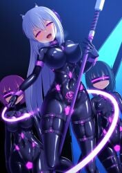 3girls :d black_bodysuit blue_background blue_hair blush bodysuit breasts corruption covered_navel covered_nipples dark_persona energy_whip entenca glowing glowing_eyes grey_hair half-closed_eyes harness head-mounted_display heavy_breathing highres holding holding_staff holding_whip impossible_bodysuit impossible_clothes large_breasts latex latex_bodysuit long_hair looking_at_viewer mind_control mission_mermaiden multiple_girls pink_eyes pubic_tattoo purple_hair pussy_juice shiny_clothes skin_tight smile staff tattoo very_long_hair whip