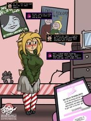 3:4 absurd_res anthro antlers bed bedroom bedroom_background big_breasts blonde_hair blush bottomwear breasts buckteeth christmas christmas_clothing christmas_headwear christmas_just_a_week_away! clothed clothing deer deltarune digital_media_(artwork) electronics english_text female first_person_view freckles frooby furniture hair hat headgear headwear hi_res holidays hoodie hooves horn legwear long_hair mammal mettaton_ex mind_control movie_poster new_world_deer noelle_holiday phone plushie poster santa_hat skirt solo stockings susie_(deltarune) sweater tail teddy_bear teeth text topwear transformation undertale_(series)