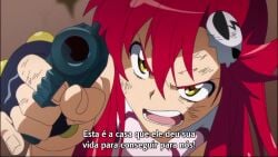 adiane blood boota cleavage fight hair_covering_breasts official_art pistol red_hair screencap tagme tengen_toppa_gurren_lagann text topless topless_female video wardrobe_malfunction yellow_eyes yoko_littner