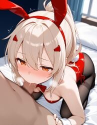 1boy ai_generated ayanami_(azur_lane) azur_lane black_pantyhose blonde_hair blowjob bowtie bowtie_collar bunny_ears bunny_tail bunnysuit deepthroat faceless_male fake_animal_ears fellatio female half-closed_eyes heavy_breathing kneeling medium_breasts moaning orange_eyes pantyhose penis saliva strapless_leotard toshiror18 uncensored